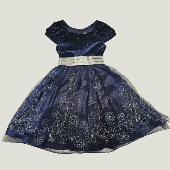 Jona Michelle Other - Jona Michelle Girls Navy Blue Dress With Silver Floral Embroidery & Belt Size 5T